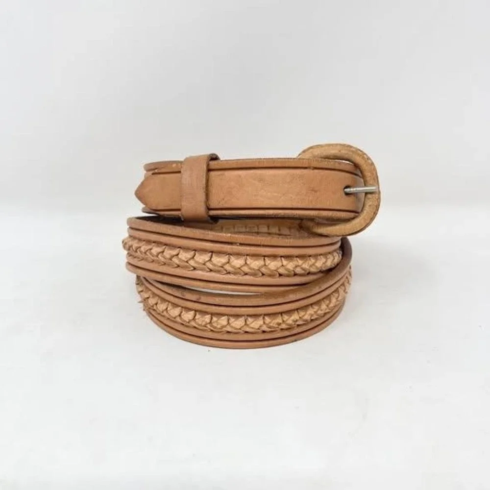 VTG Braided Belt Wms 36 Tan Brown Leather Hand Tooled Covered Buckle Western